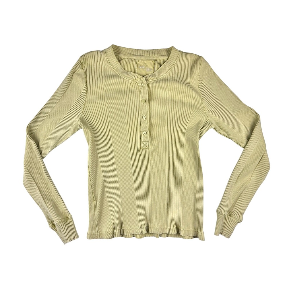 Aerie Ribbed Henley Thermal Long Sleeve Top XL Green Yellow Grunge Y2K Boho